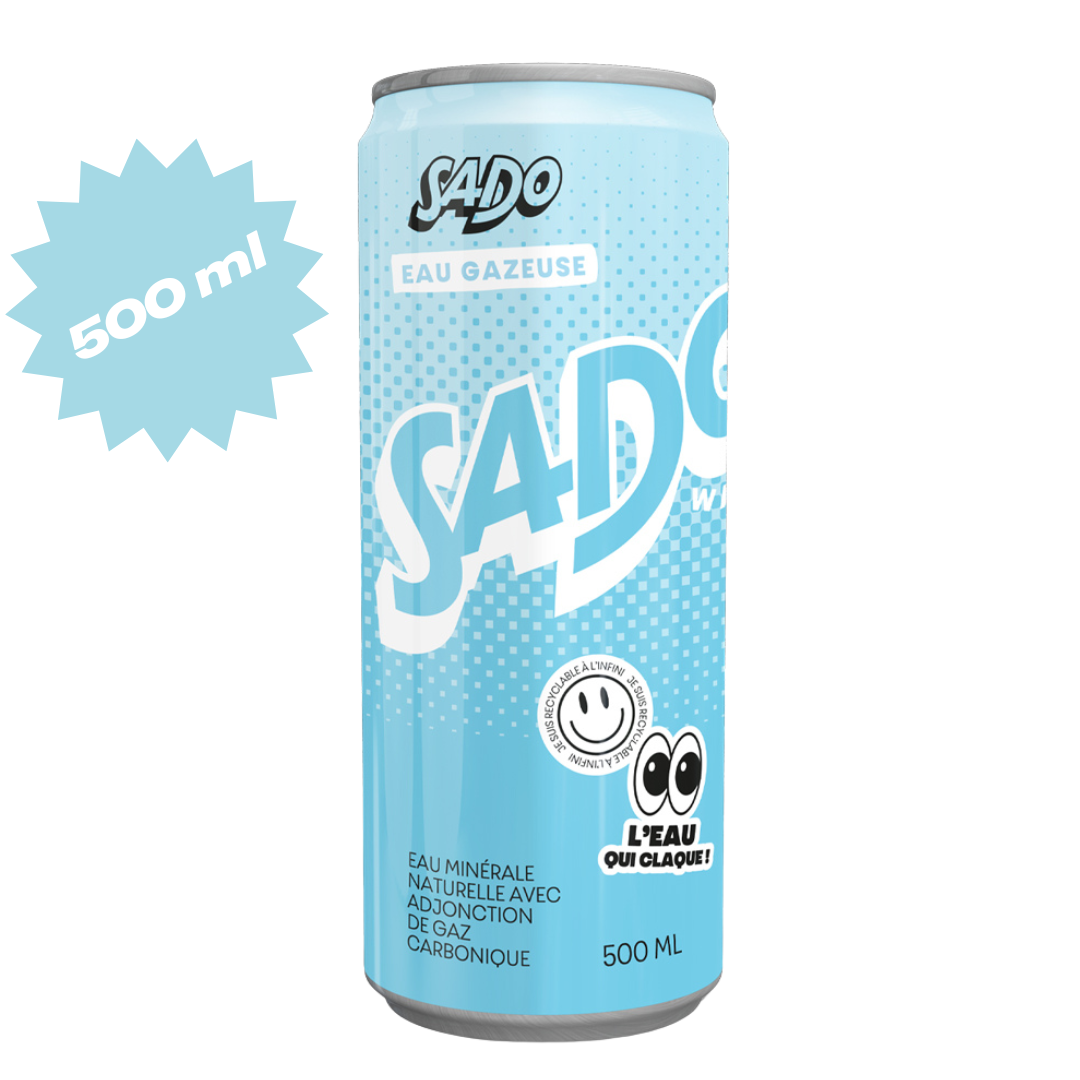 Canette d'eau minérale gazeuse SADO Waters grand format, avec mention 500 ml
