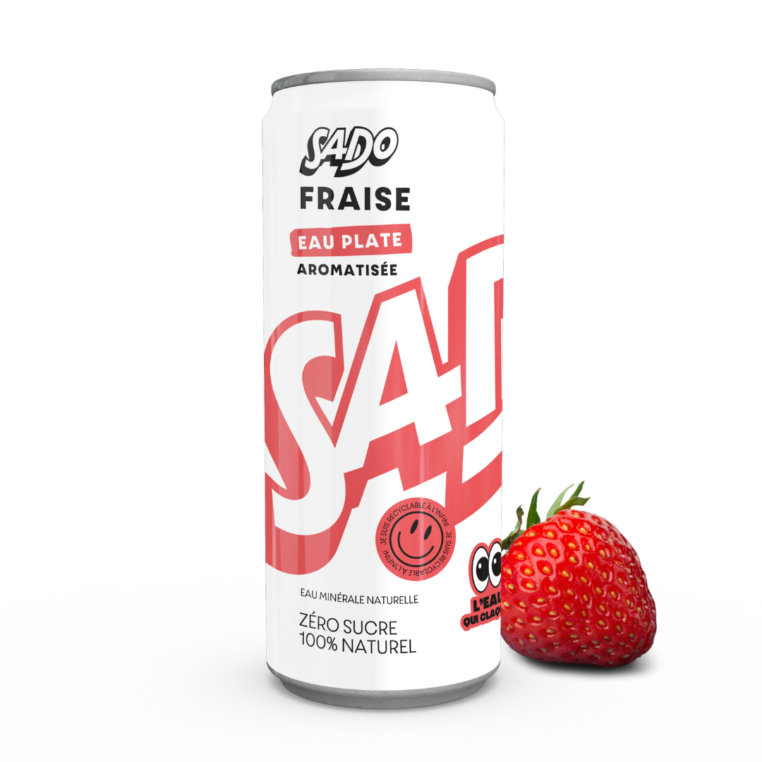 Canette alu d'eau minérale plate aromatisée à la fraise, marque SADO Waters, produite en France, sans sucre et sans plastique