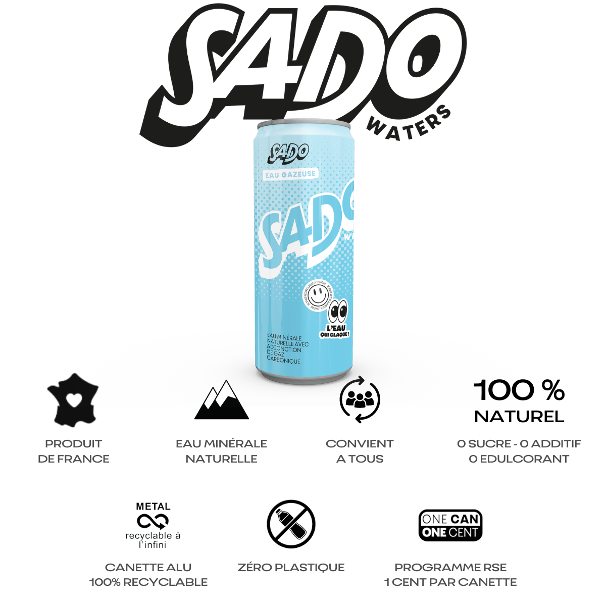 Descriptif visuel sous forme de pictogrammes des avantages de l'eau minérale gazeuse SADO Waters : produite en France, 100% naturelle, zéro plastique, canette alu recyclable à l'infini et sans BPA