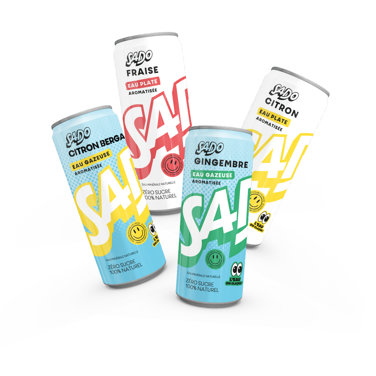 Canettes d'eau minérale aromatisée, plate ou gazeuse par SADO Waters. Un packaging recyclable, fun et coloré
